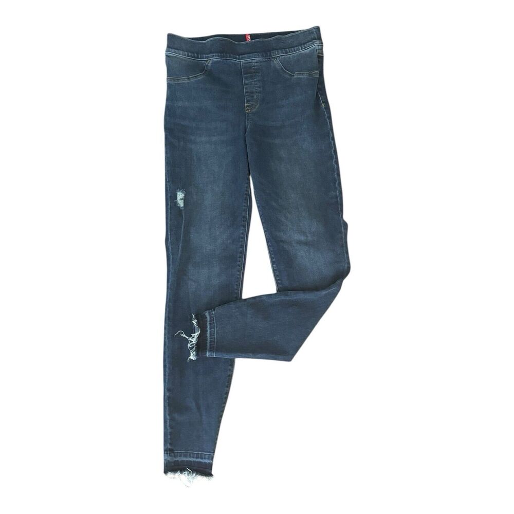 Spanx Sara Blakely Pull-on Jeans Women Size Medium Blue Distressed‎ Raw Cuff EUC